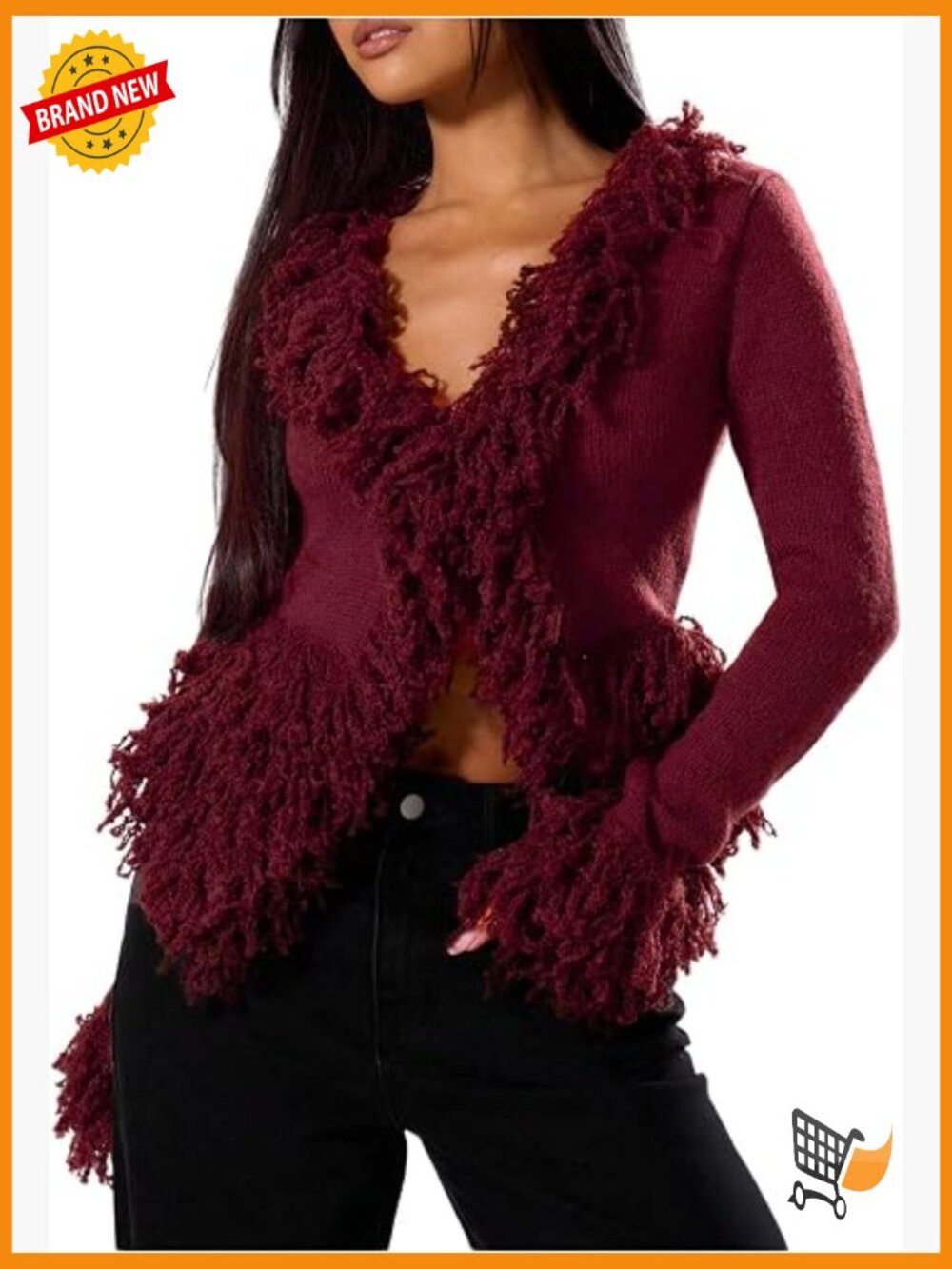 Fuzzy Trim V-Neck Cardigan Sweater Long Sleeve Knit Punk Outerwear